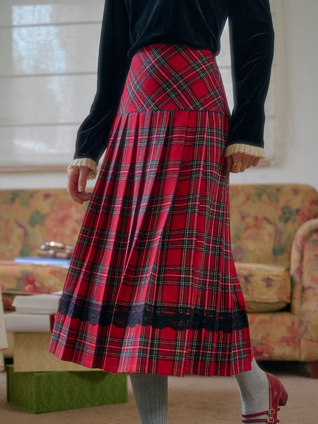 【Final Sale】Drew A-Line Contrastng Pleated Plaid Skirt