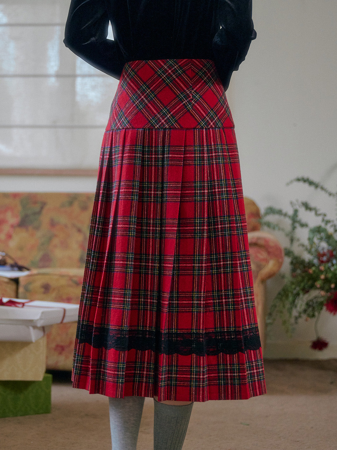 【Final Sale】Drew A-Line Contrastng Pleated Plaid Skirt