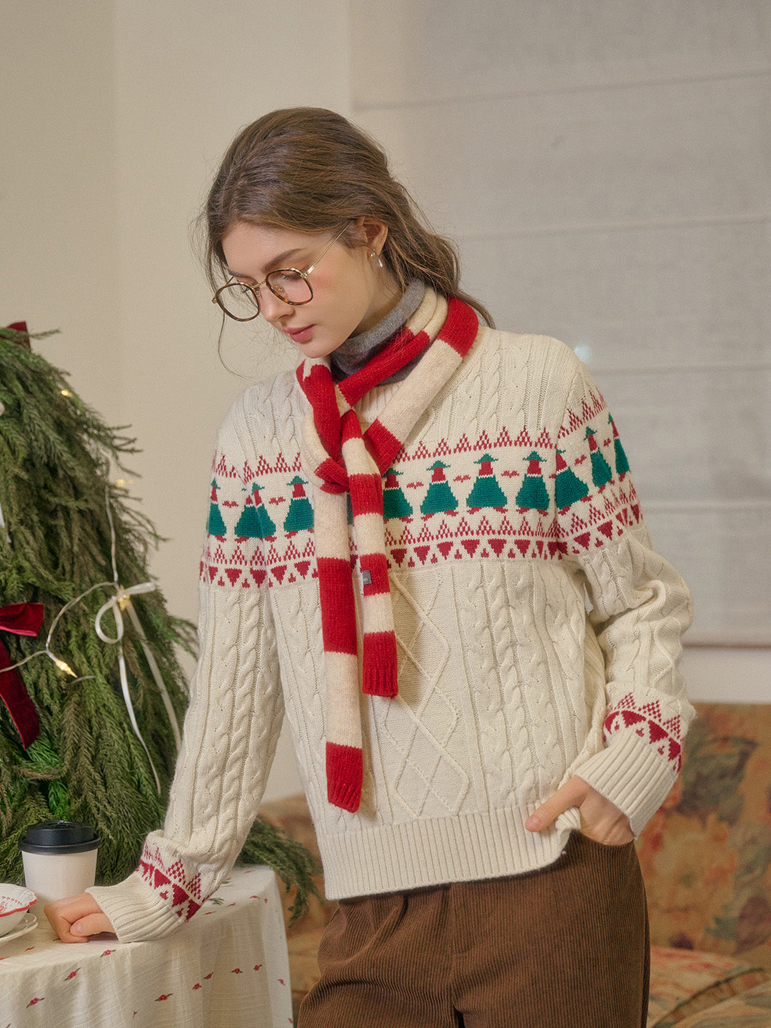 【Final Sale】Charlize Fair Isle Ribbed Round Neck Christmas Wool Sweater