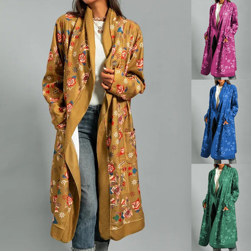 Casual Long-sleeved Printed Long Fashion Cardigan Women