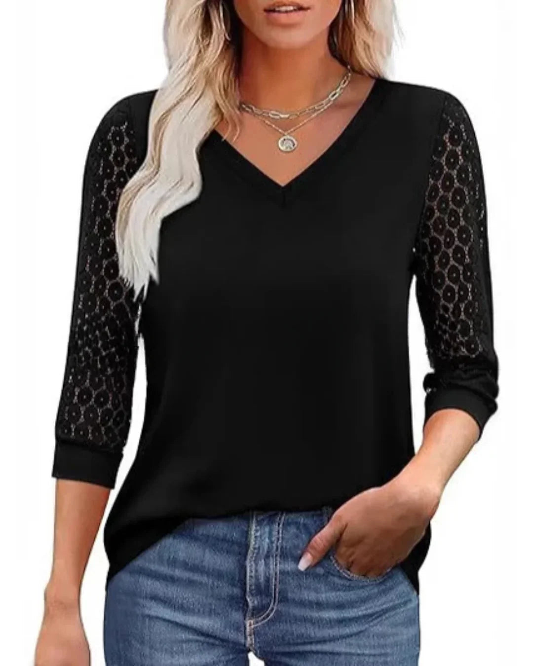 Isabelle's™ | Lace-Sleeve V-Neck Blouse