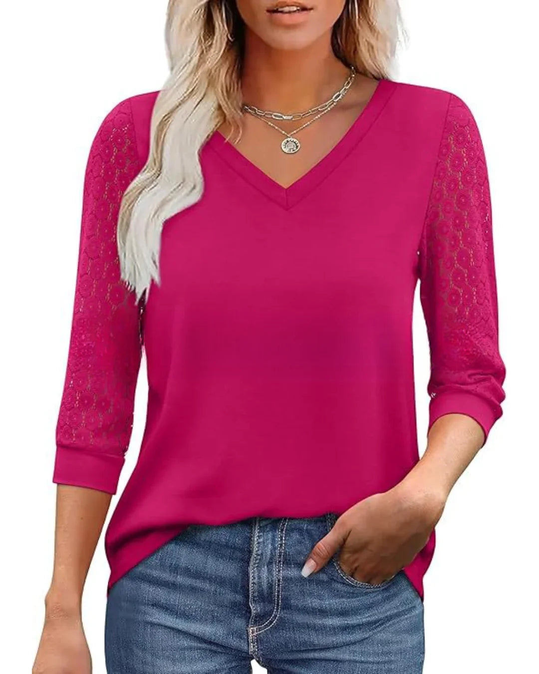 Isabelle's™ | Lace-Sleeve V-Neck Blouse