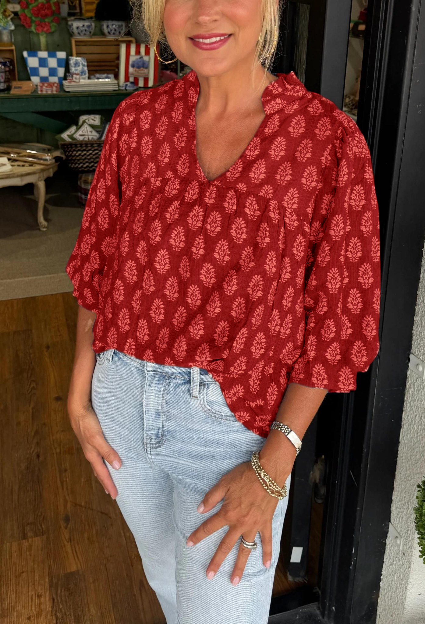 Isabelle's™ | Charming Printed V-Neck Relaxed Blouse