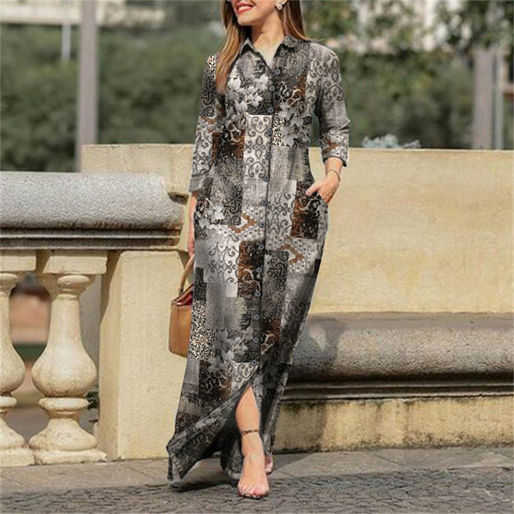 Women's Casual Floral Print Midi Shirt Dress