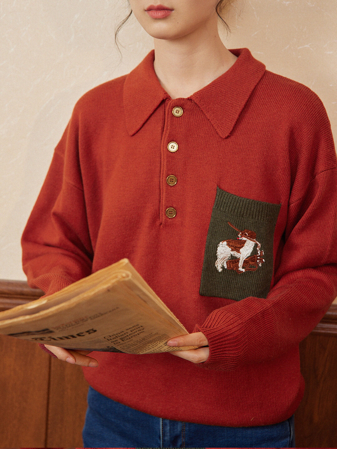 Raquel Polo Embroidery Christmas Red Knit Sweater