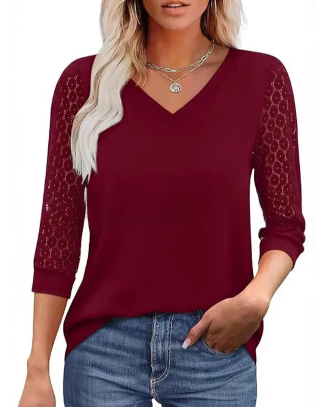 Isabelle's™ | Lace-Sleeve V-Neck Blouse