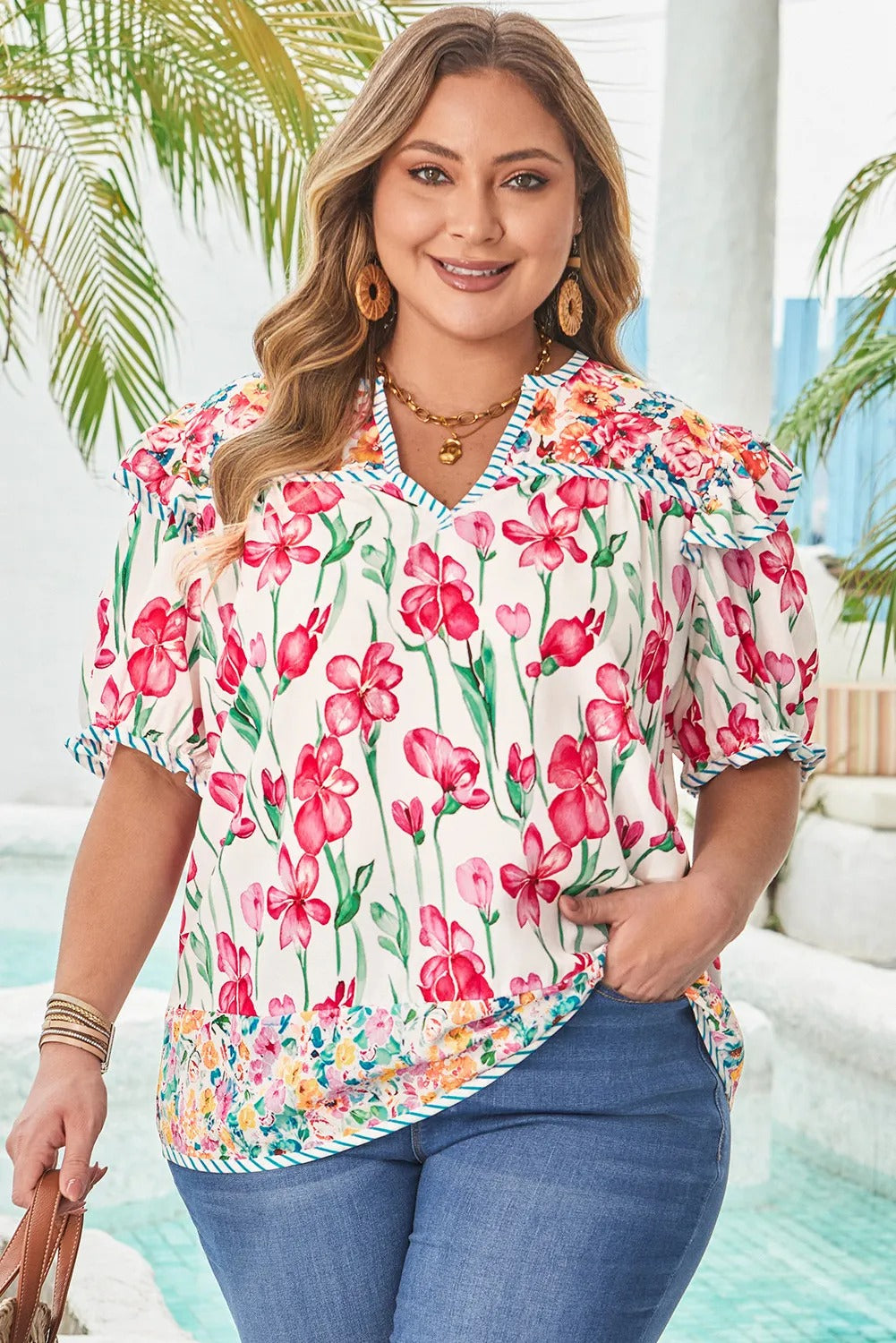 Plus Size Floral Print Striped Trim V Neck Blouse
