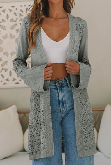 Gray Pointelle Knit Open Front Cardigan