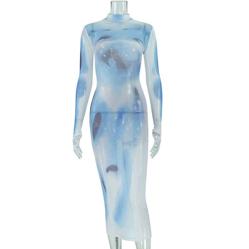 New Street Print Round Neck High Waist Pullover Long Sleeve Slim Wrap Buttock Long Dress For Women