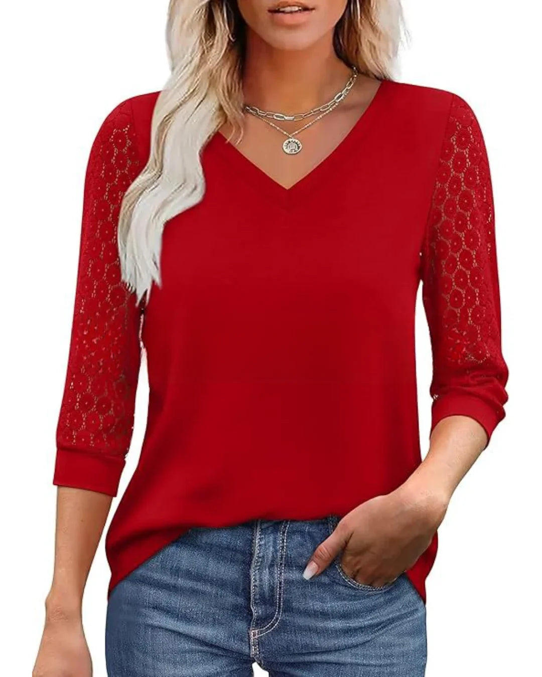 Isabelle's™ | Lace-Sleeve V-Neck Blouse