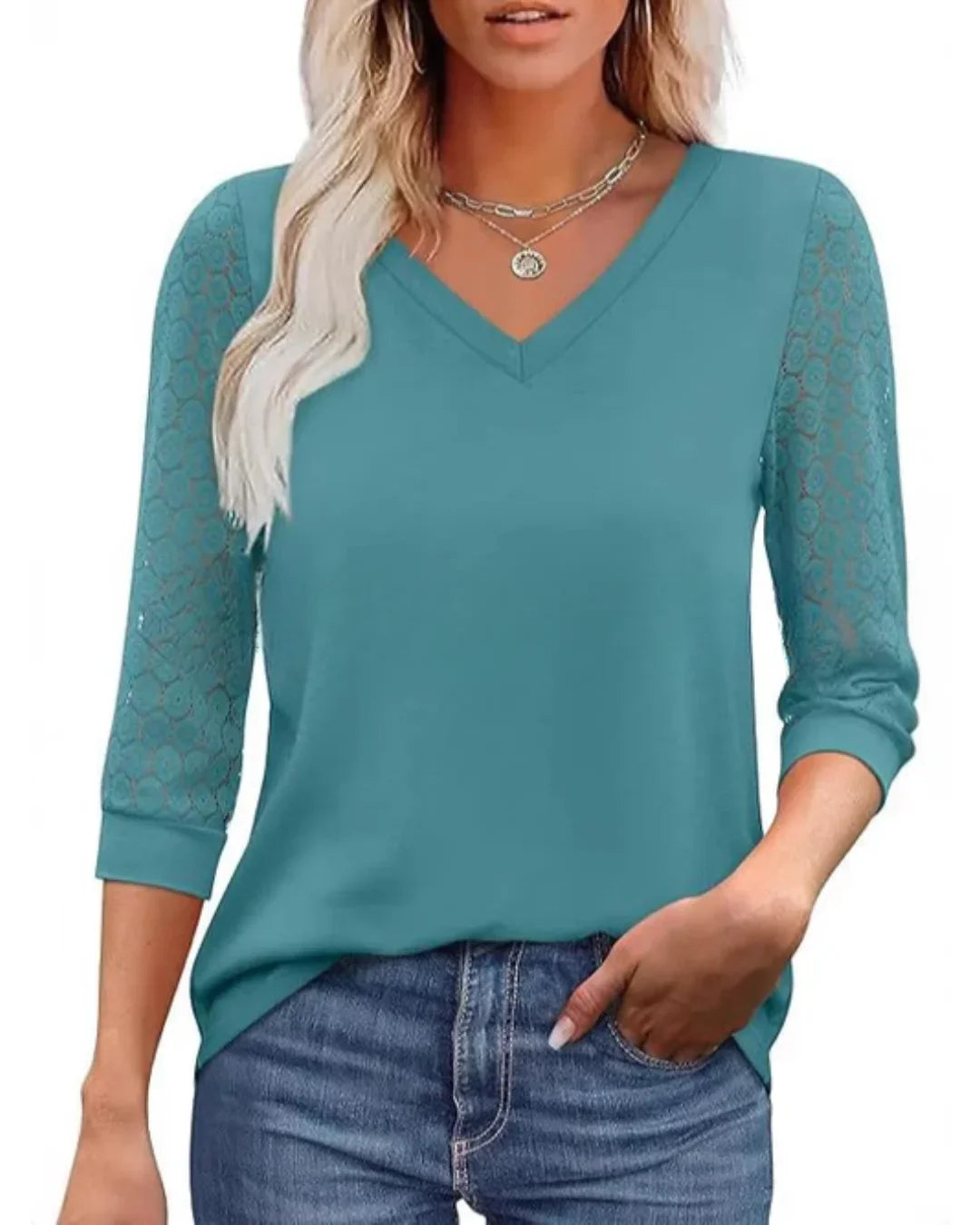 Isabelle's™ | Lace-Sleeve V-Neck Blouse