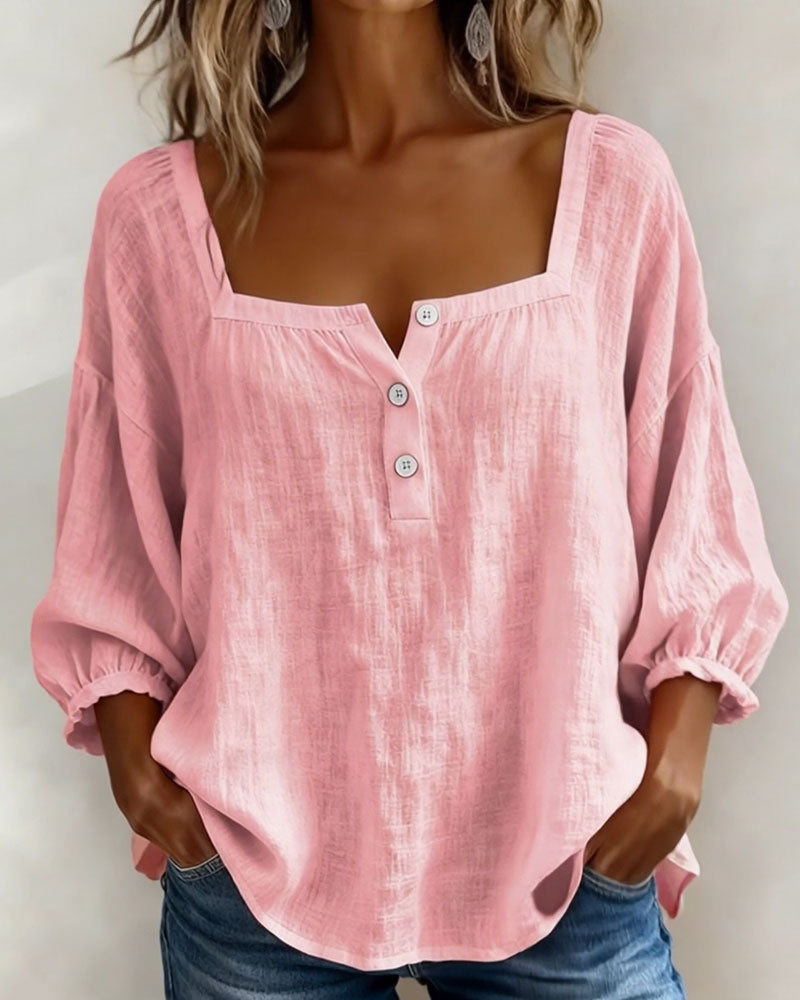 Isabelle's™ | Solid Button-Neck Relaxed Blouse
