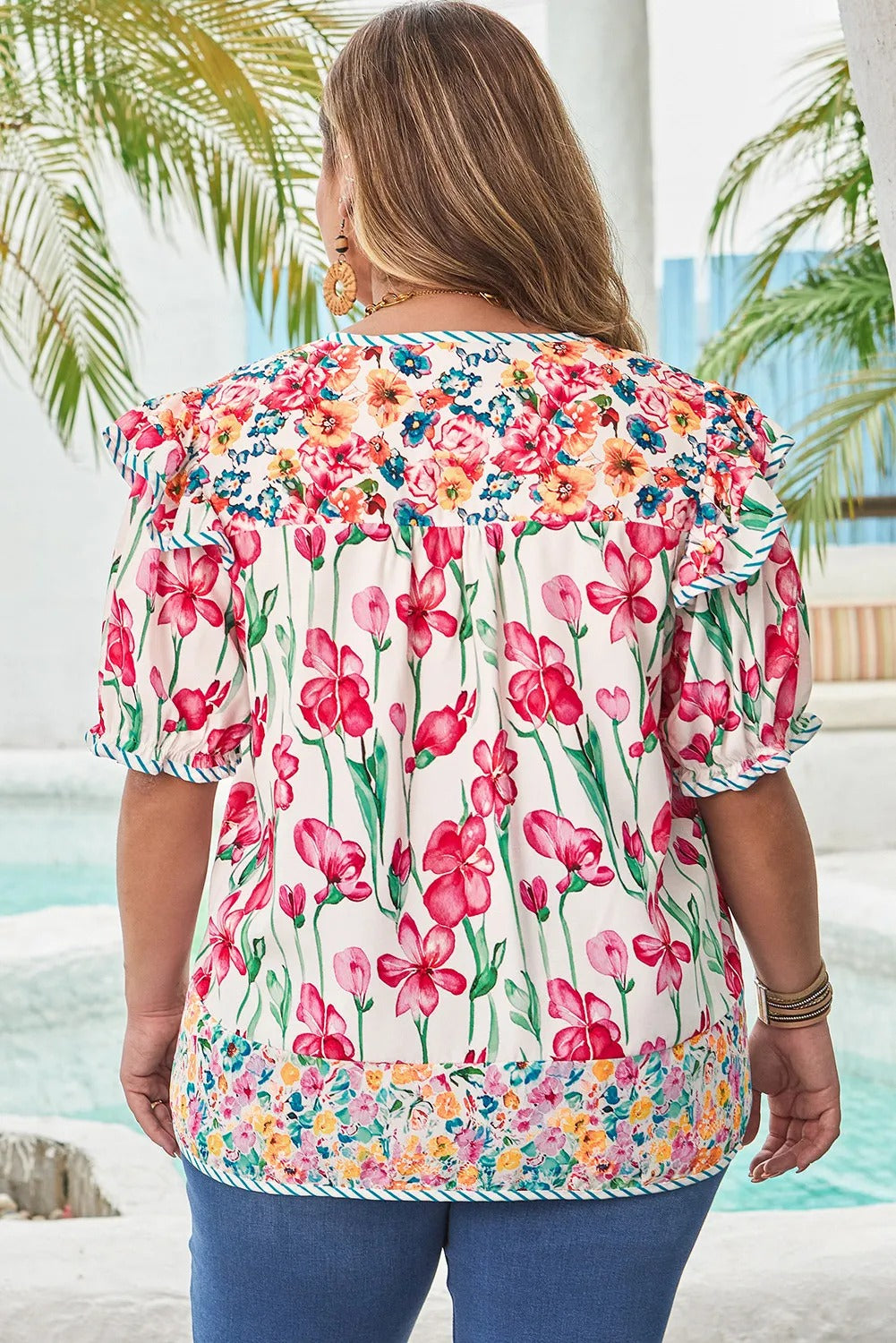 Plus Size Floral Print Striped Trim V Neck Blouse