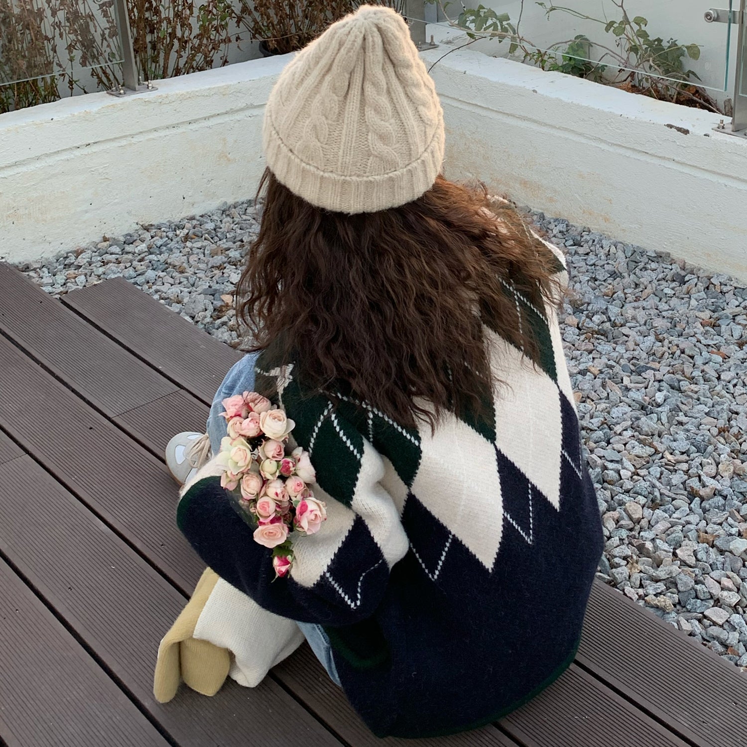 Vintage Rhombus Long Sleeve Knitted Cardigan Women