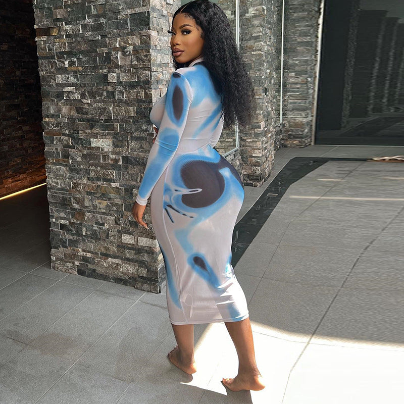 New Street Print Round Neck High Waist Pullover Long Sleeve Slim Wrap Buttock Long Dress For Women