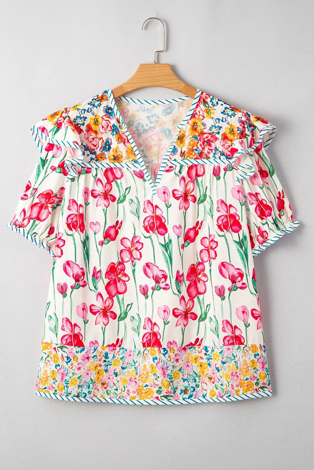 Plus Size Floral Print Striped Trim V Neck Blouse