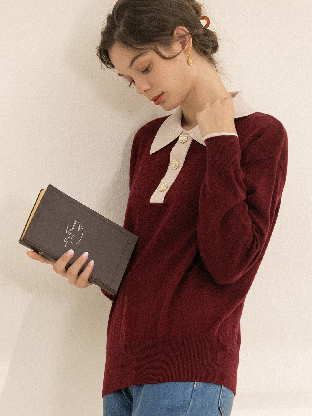 Selena Polo Contrast Collar 100% Wool Wine Red Knit Sweater