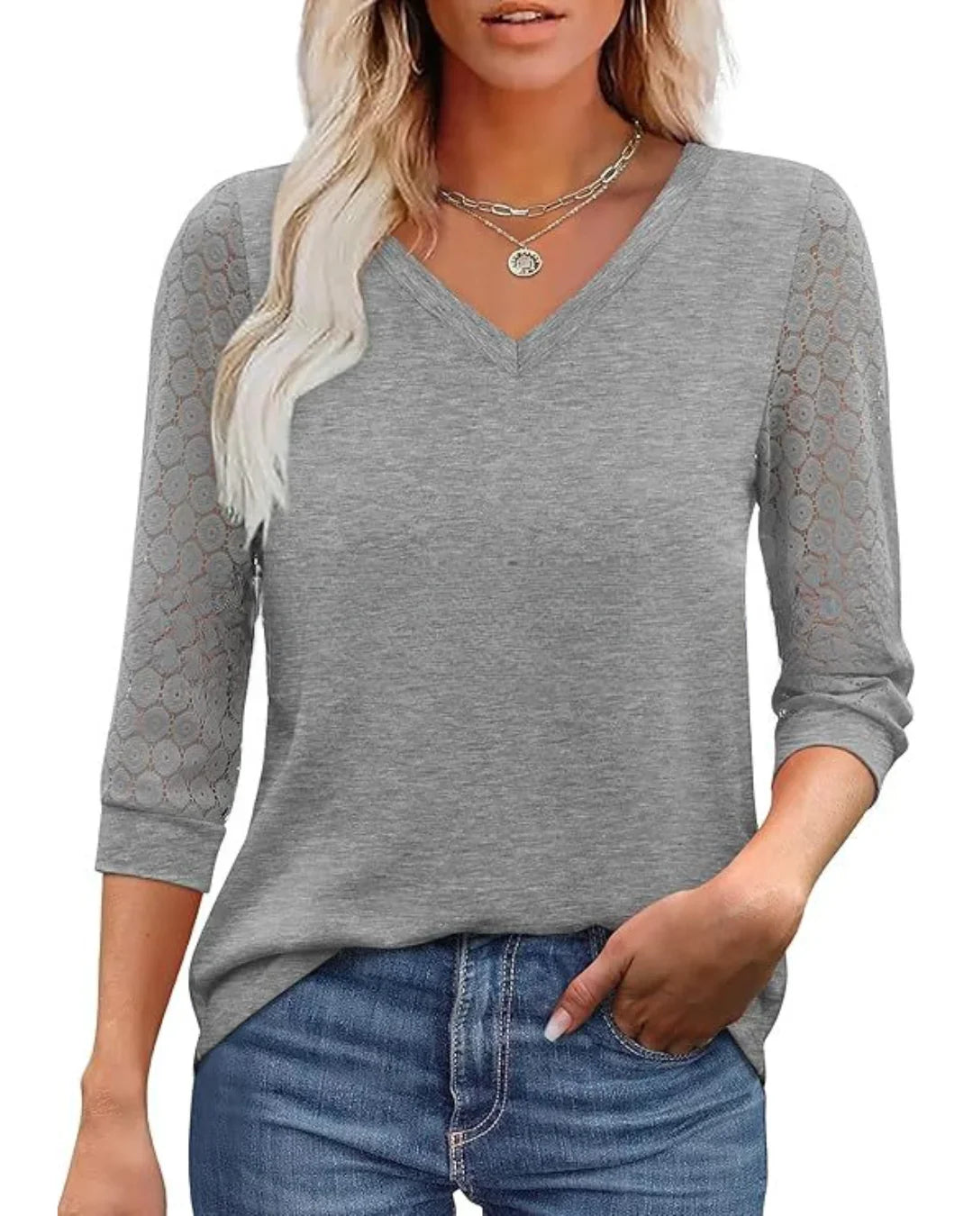 Isabelle's™ | Lace-Sleeve V-Neck Blouse