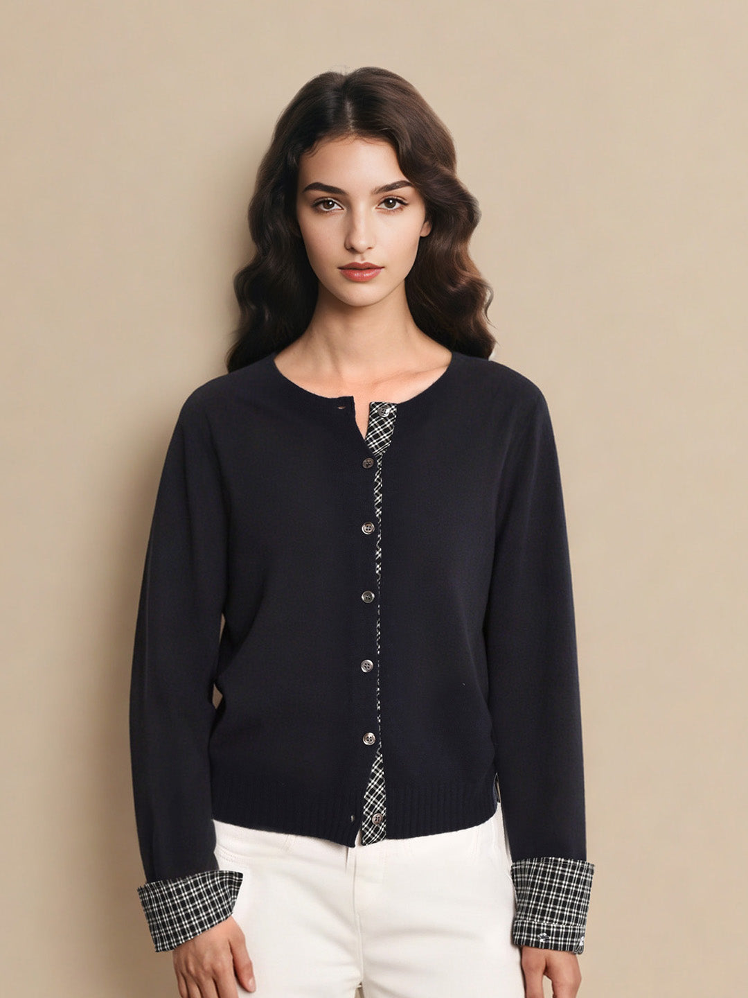 Ariyah Round Neck Plaid 100% Wool Cardigan
