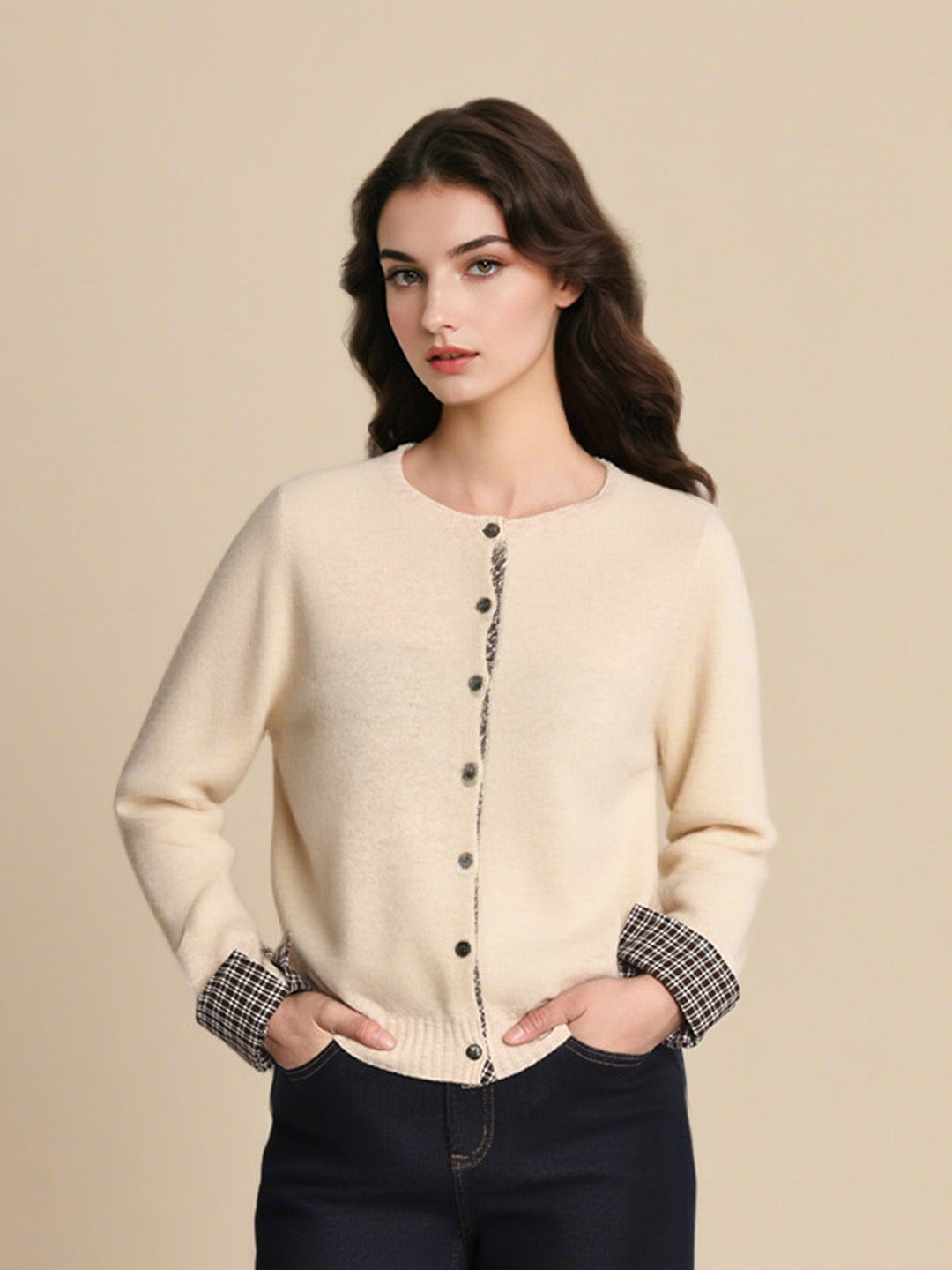 Ariyah Round Neck Plaid 100% Wool Cardigan