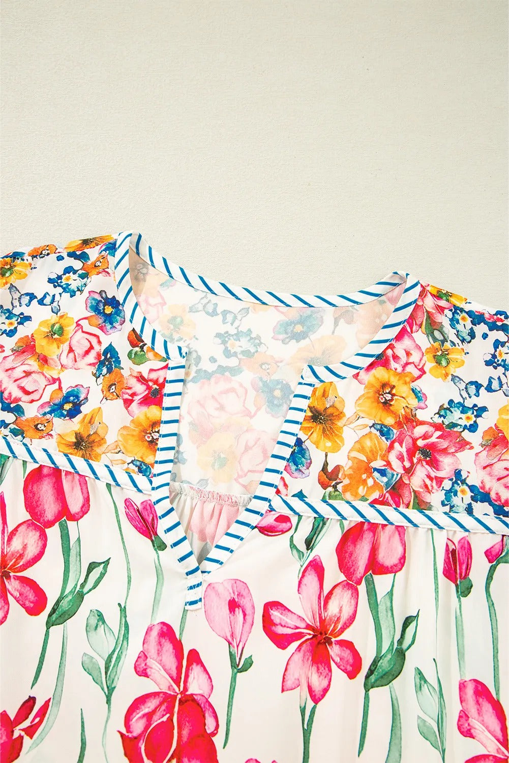 Plus Size Floral Print Striped Trim V Neck Blouse