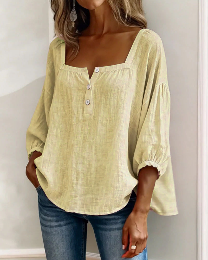Isabelle's™ | Solid Button-Neck Relaxed Blouse