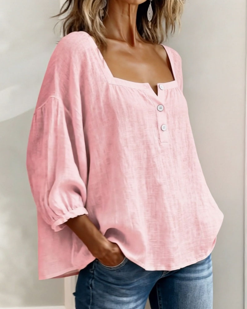 Isabelle's™ | Solid Button-Neck Relaxed Blouse