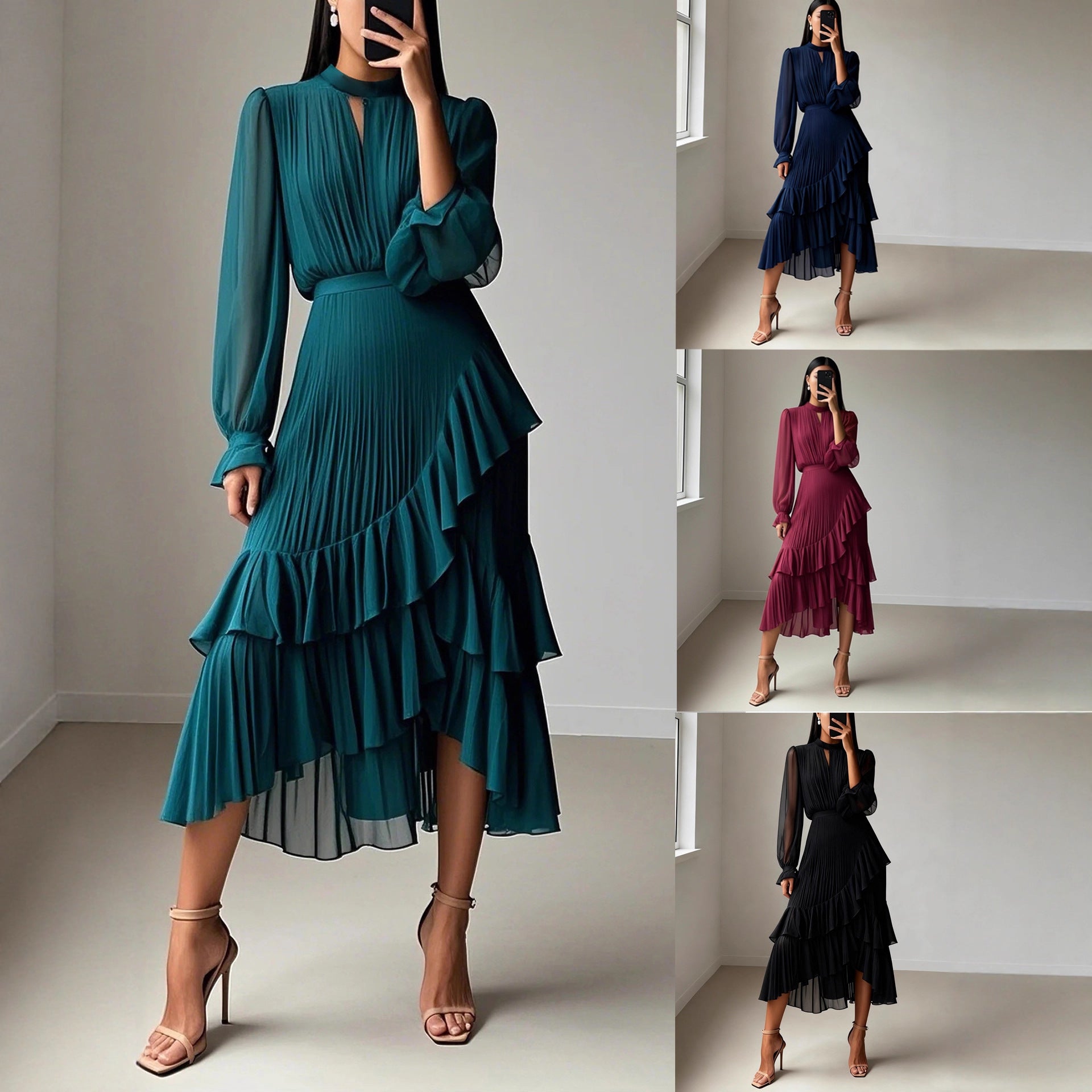 Ruffled Pleated Midi Dress For Women