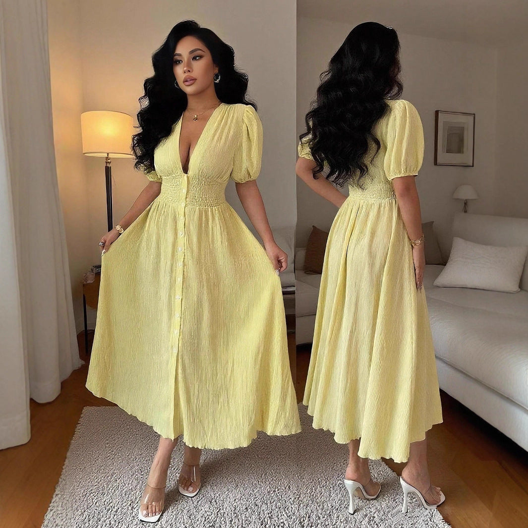 Elegant Women's V-Neck Puff-Sleeve Midi Dress For Women