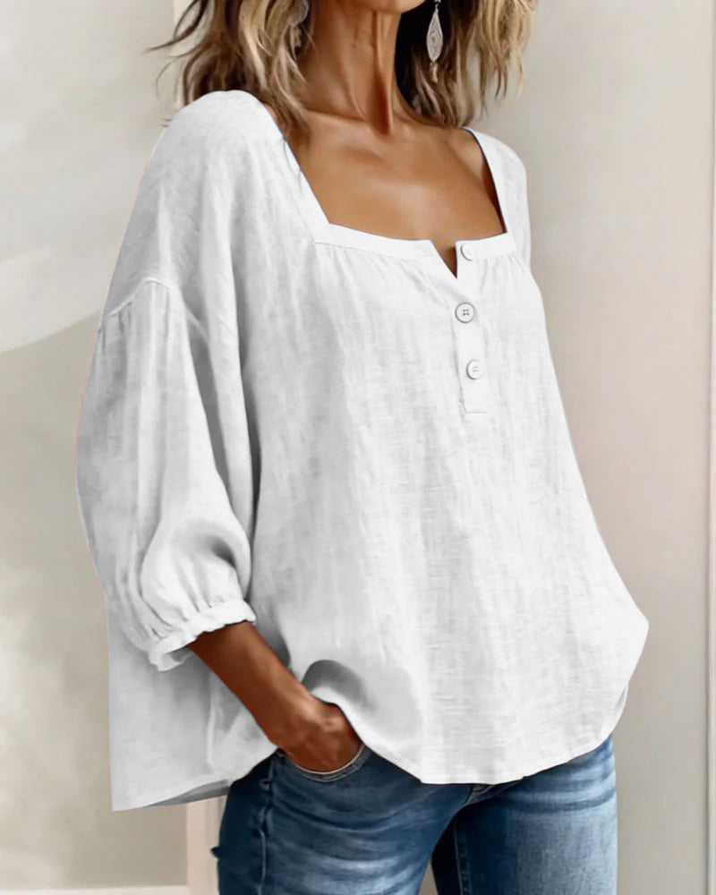 Isabelle's™ | Solid Button-Neck Relaxed Blouse