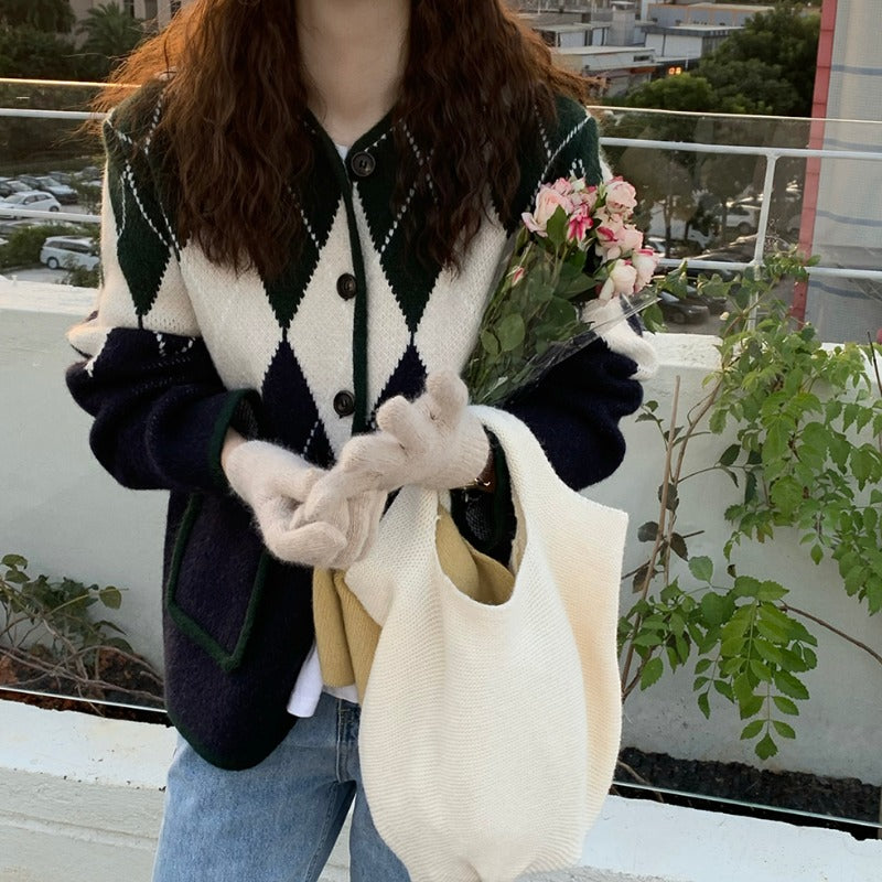 Vintage Rhombus Long Sleeve Knitted Cardigan Women