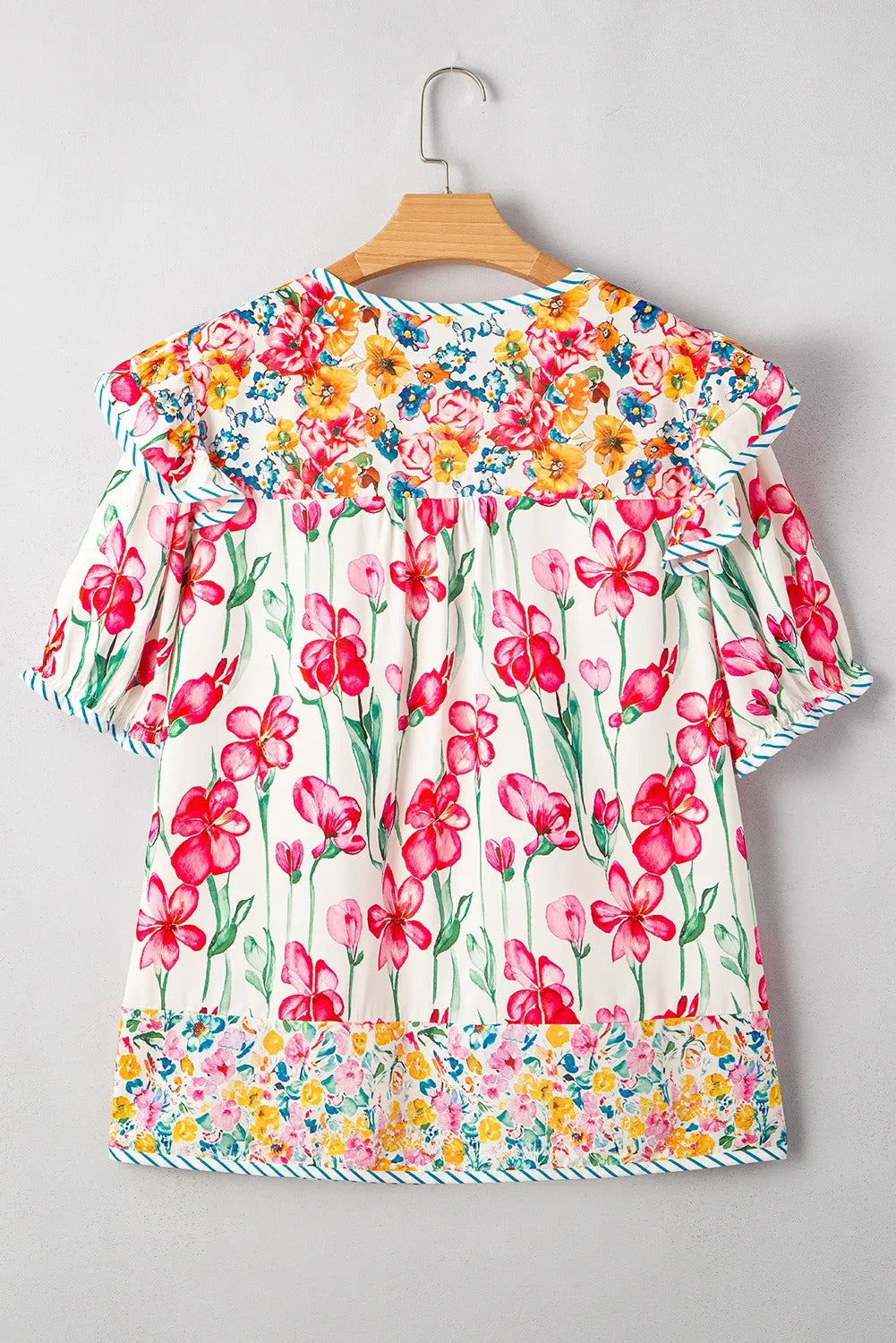 Plus Size Floral Print Striped Trim V Neck Blouse
