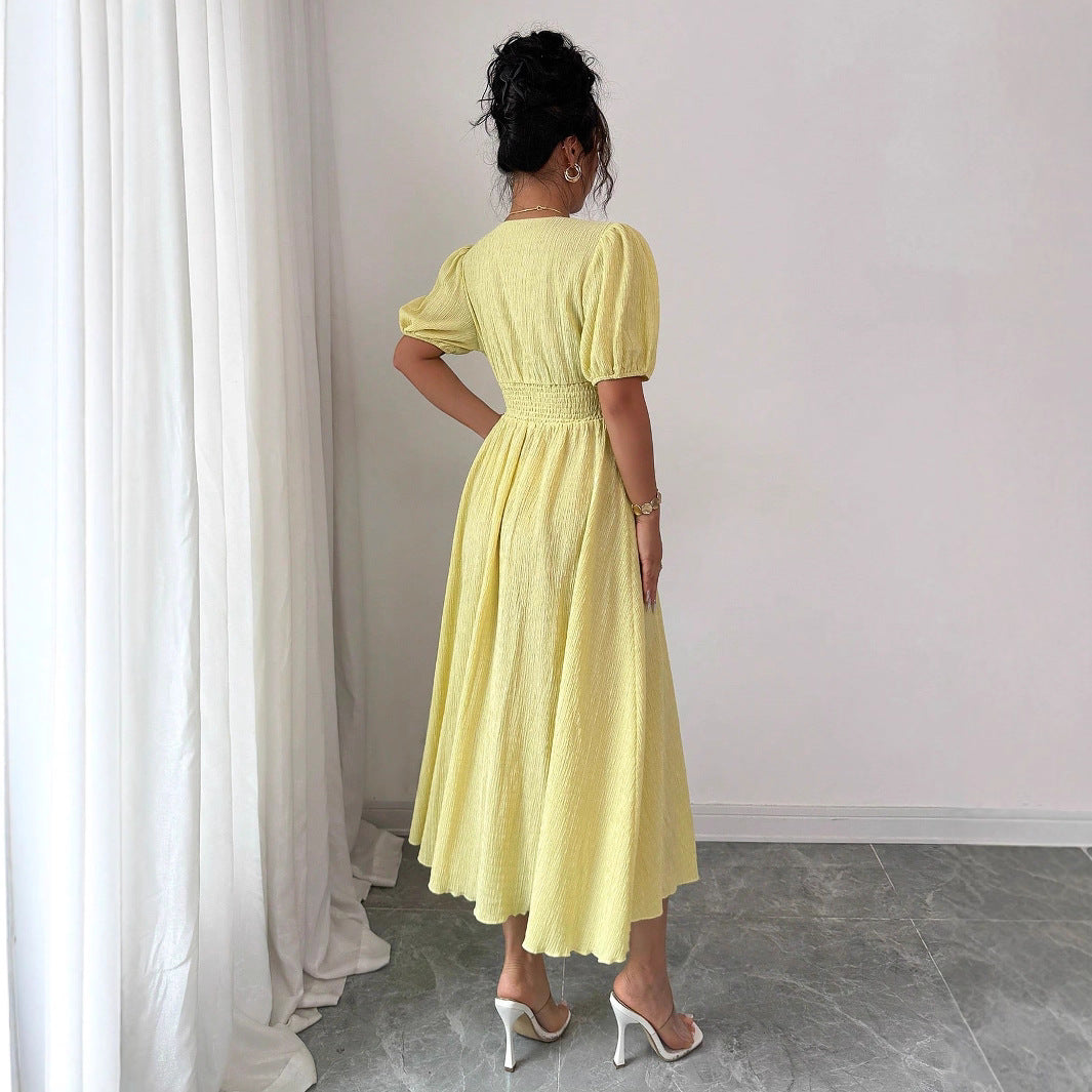 Elegant Women's V-Neck Puff-Sleeve Midi Dress For Women