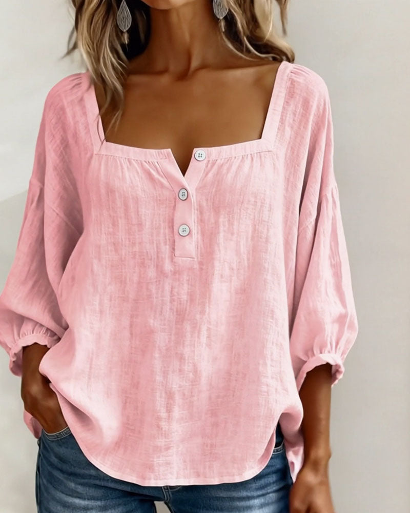 Isabelle's™ | Solid Button-Neck Relaxed Blouse