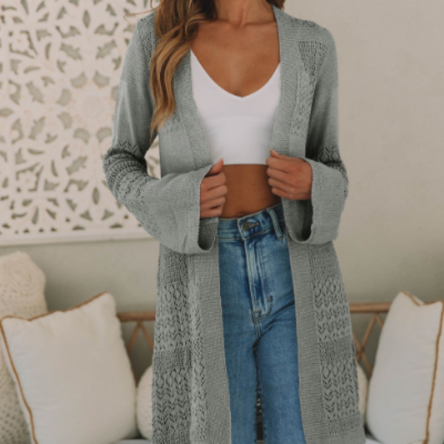 Gray Pointelle Knit Open Front Cardigan