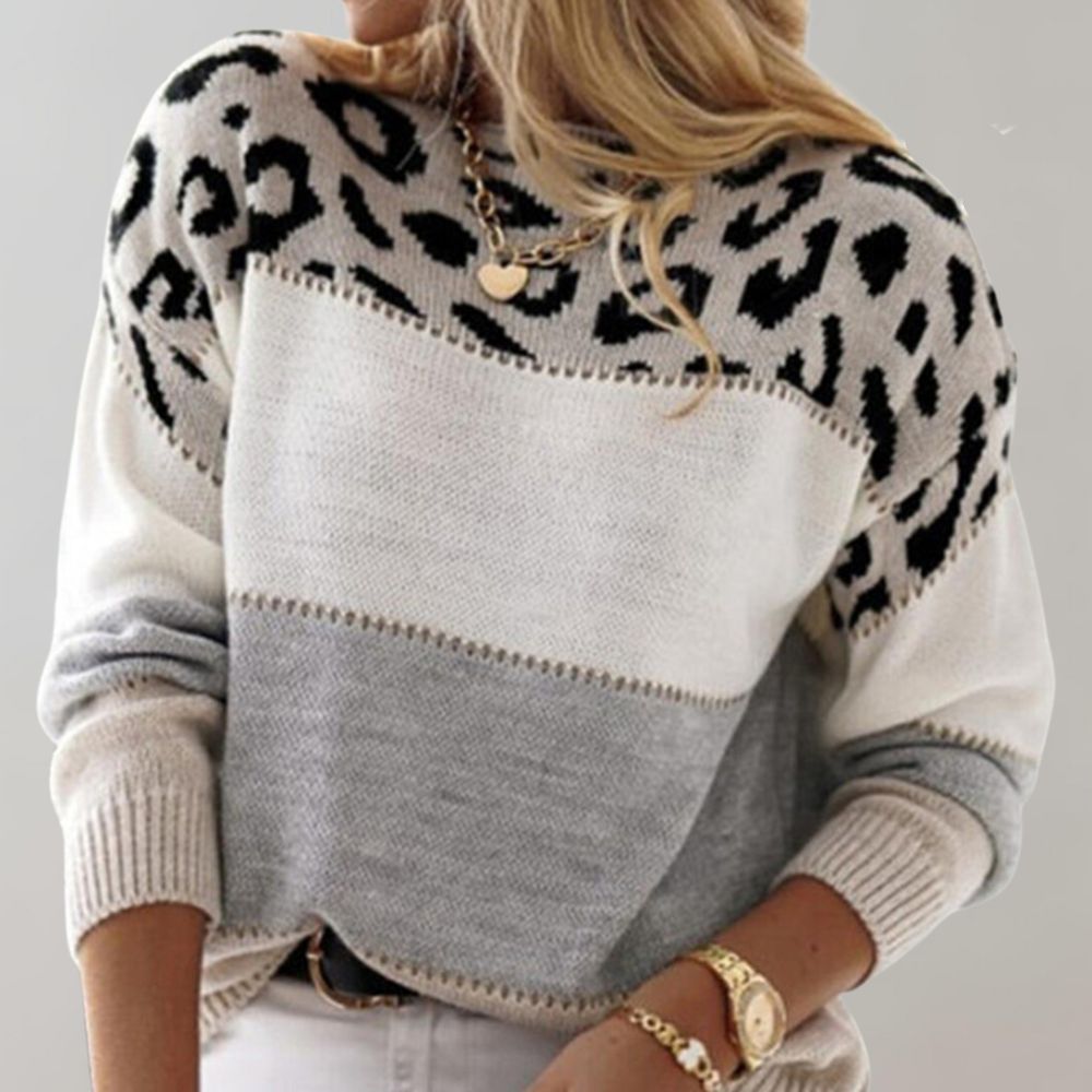 Isabelle's™ | Soft Knit Sweater with Color Block and Leopard Print