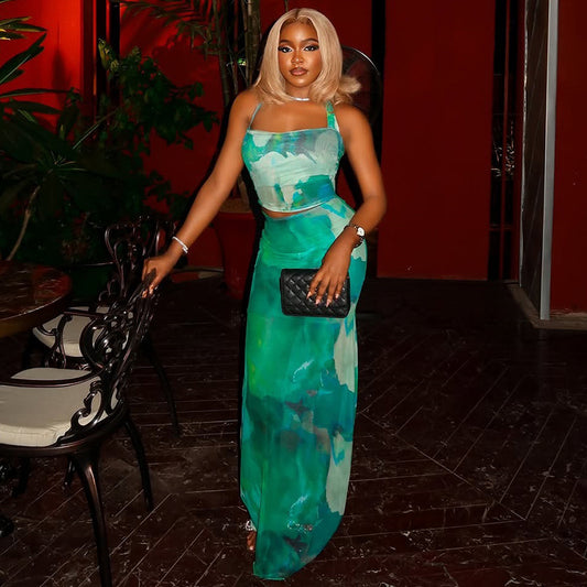 Printed Patchwork Skirt Set For Women