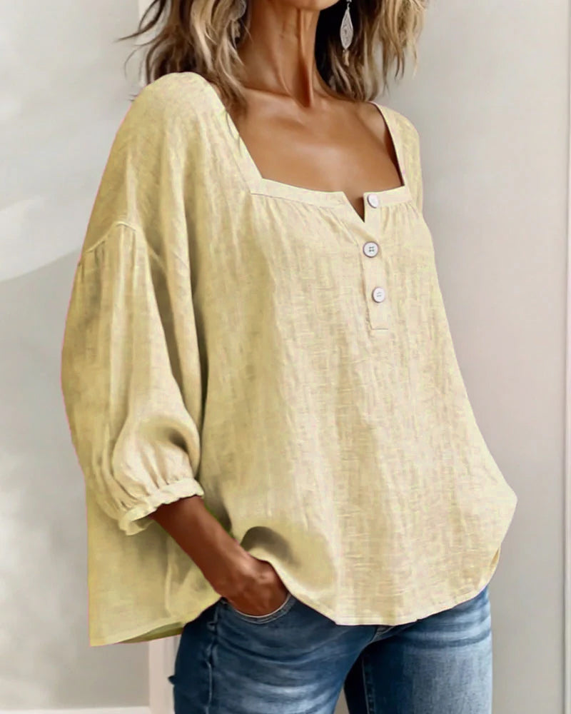 Isabelle's™ | Solid Button-Neck Relaxed Blouse