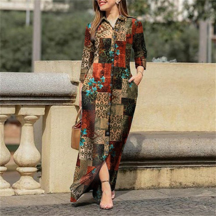 Women's Casual Floral Print Midi Shirt Dress