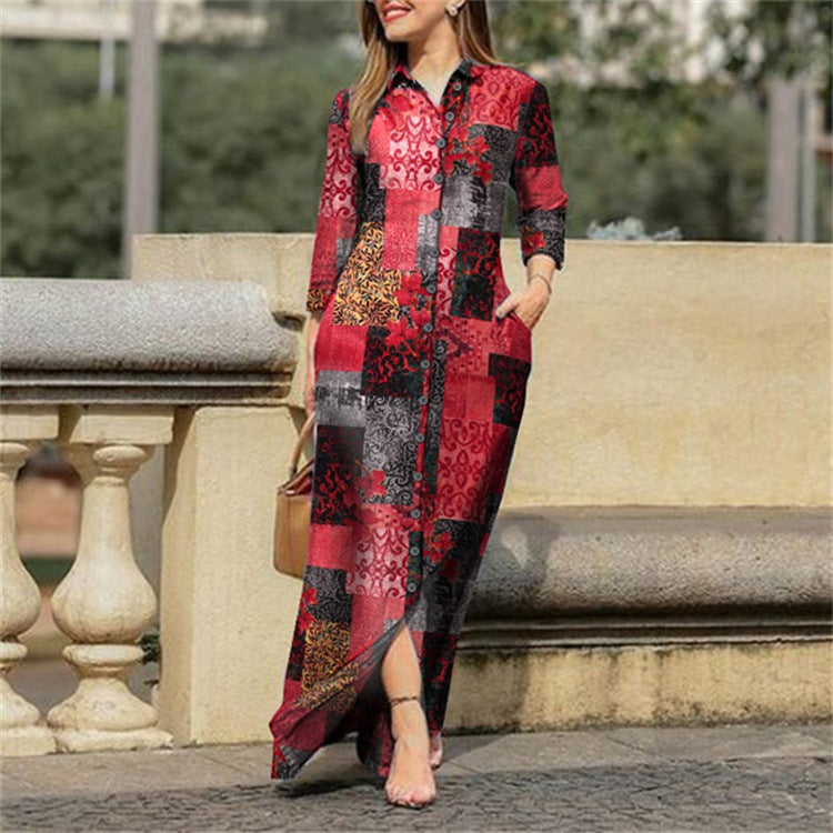Women's Casual Floral Print Midi Shirt Dress