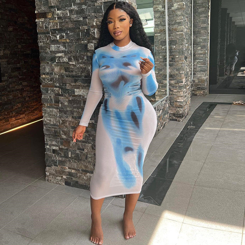 New Street Print Round Neck High Waist Pullover Long Sleeve Slim Wrap Buttock Long Dress For Women