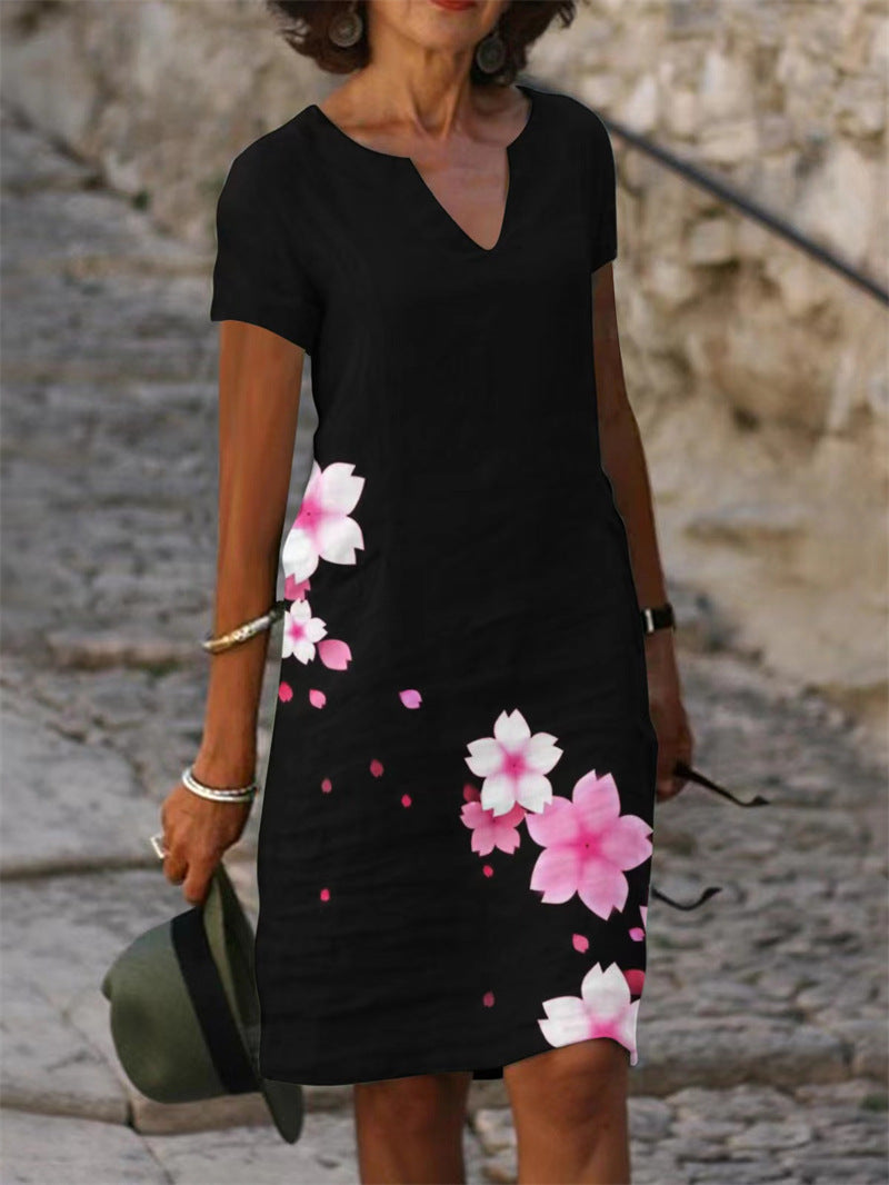 Floral Printed Cotton And Linen Short Sleeve V-neck Midi Dress