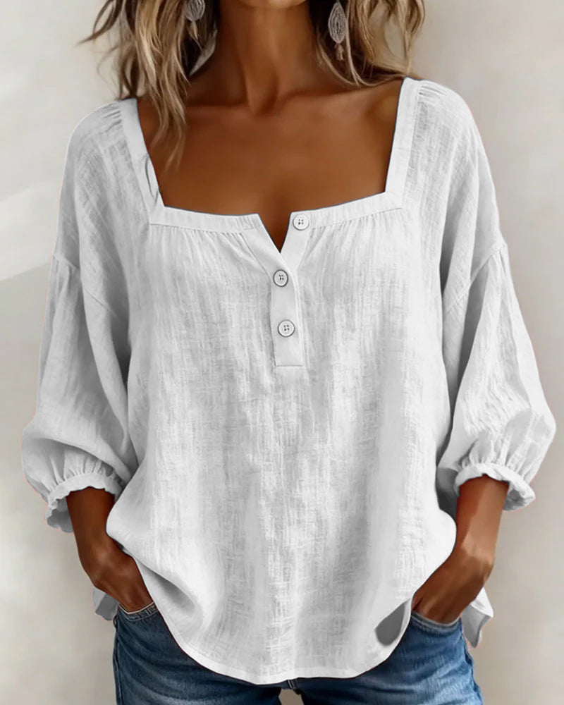 Isabelle's™ | Solid Button-Neck Relaxed Blouse