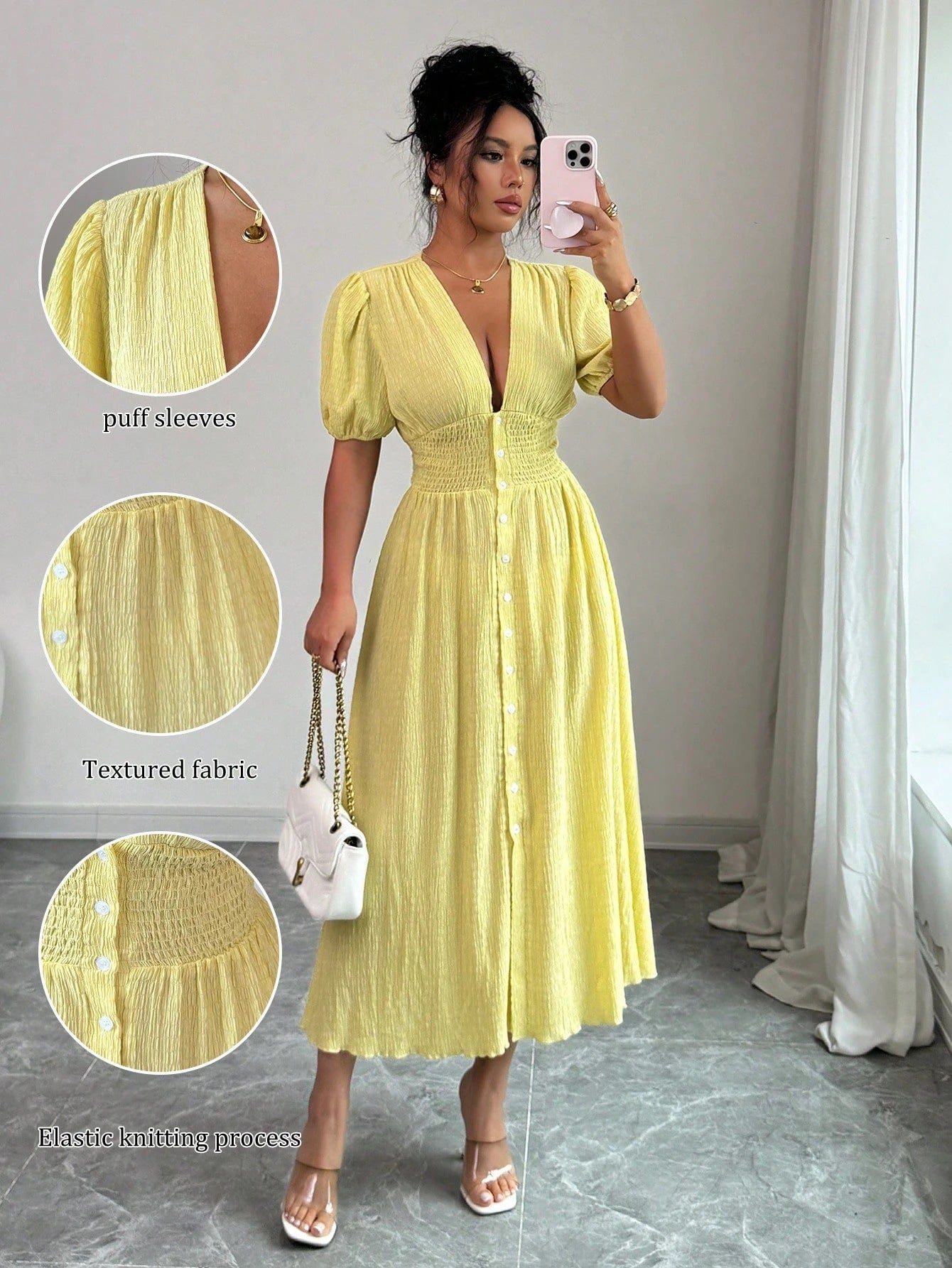 Elegant Women's V-Neck Puff-Sleeve Midi Dress For Women