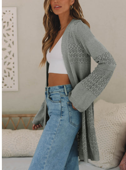 Gray Pointelle Knit Open Front Cardigan