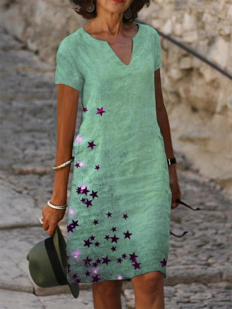 Floral Printed Cotton And Linen Short Sleeve V-neck Midi Dress