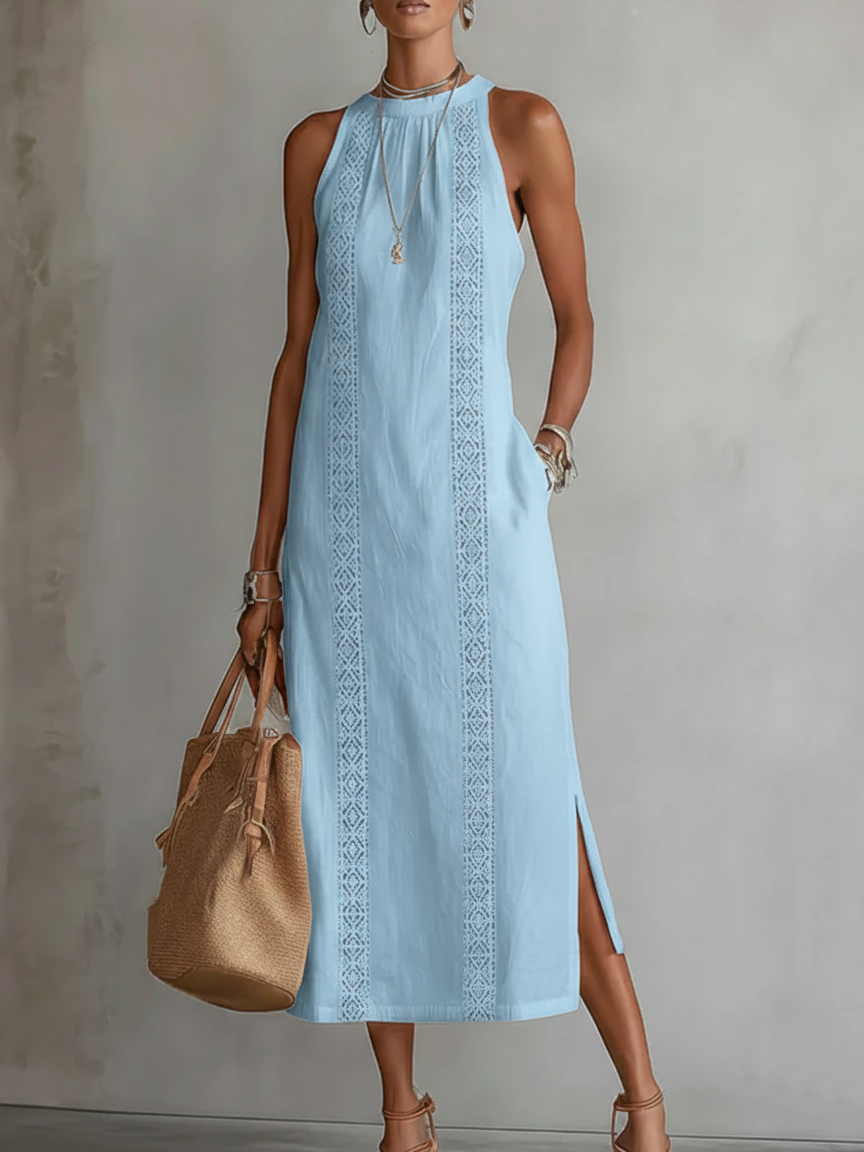 Isabelle's™ | Relaxed Embroidered Mandarin Collar Midi Dress