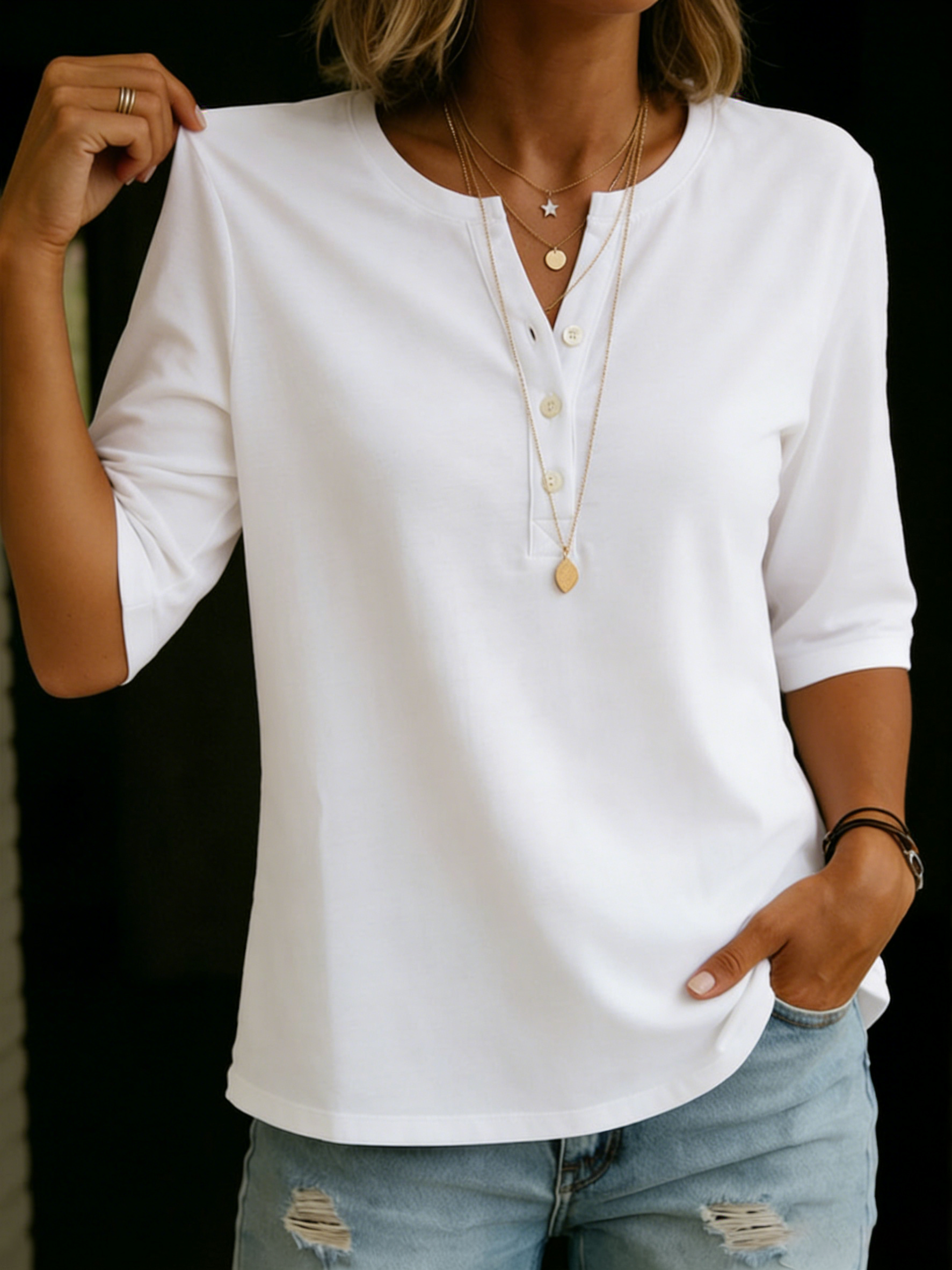 Isabelle's™ | Solid Button-Neck Henley Top
