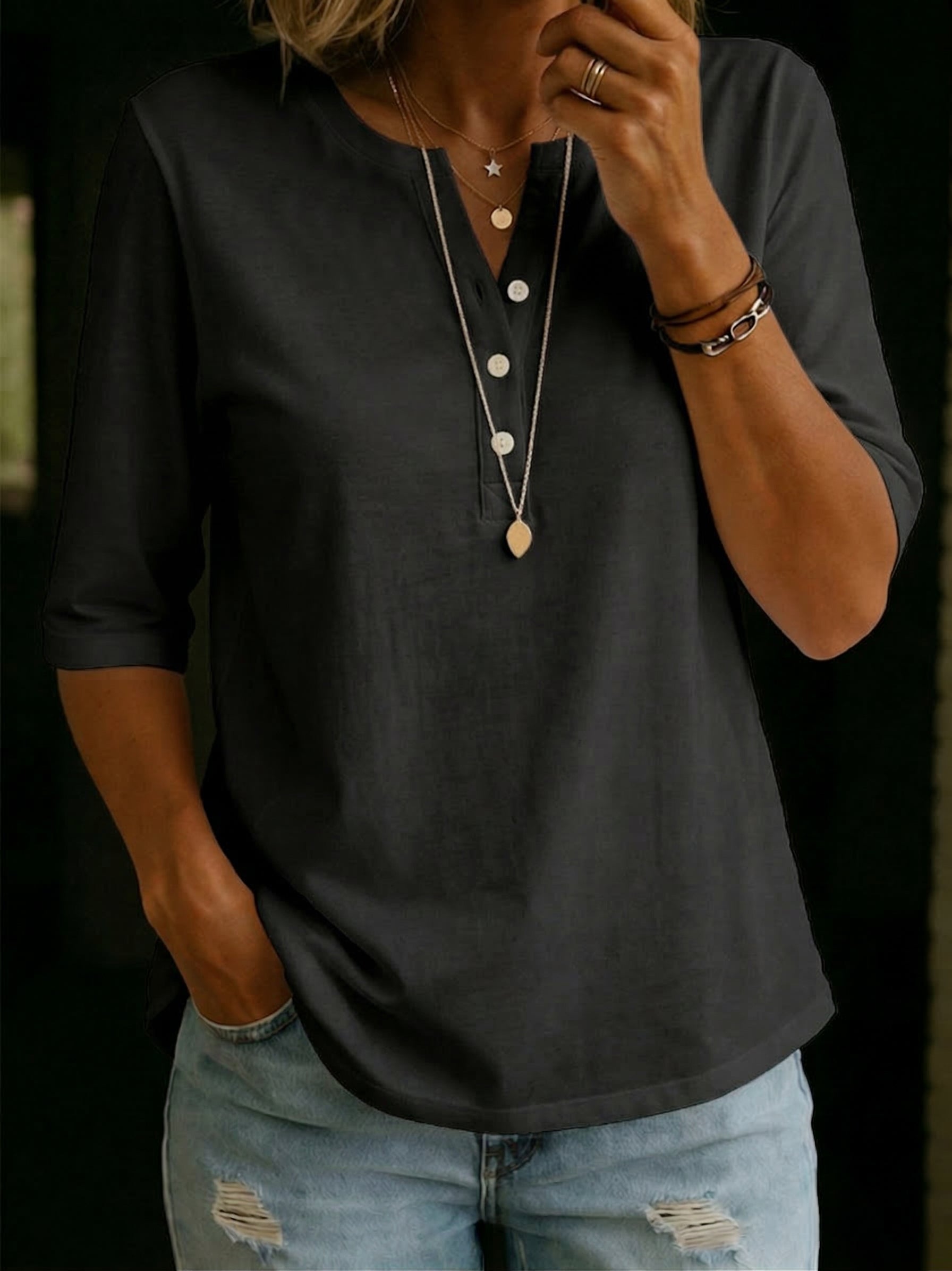 Isabelle's™ | Solid Button-Neck Henley Top