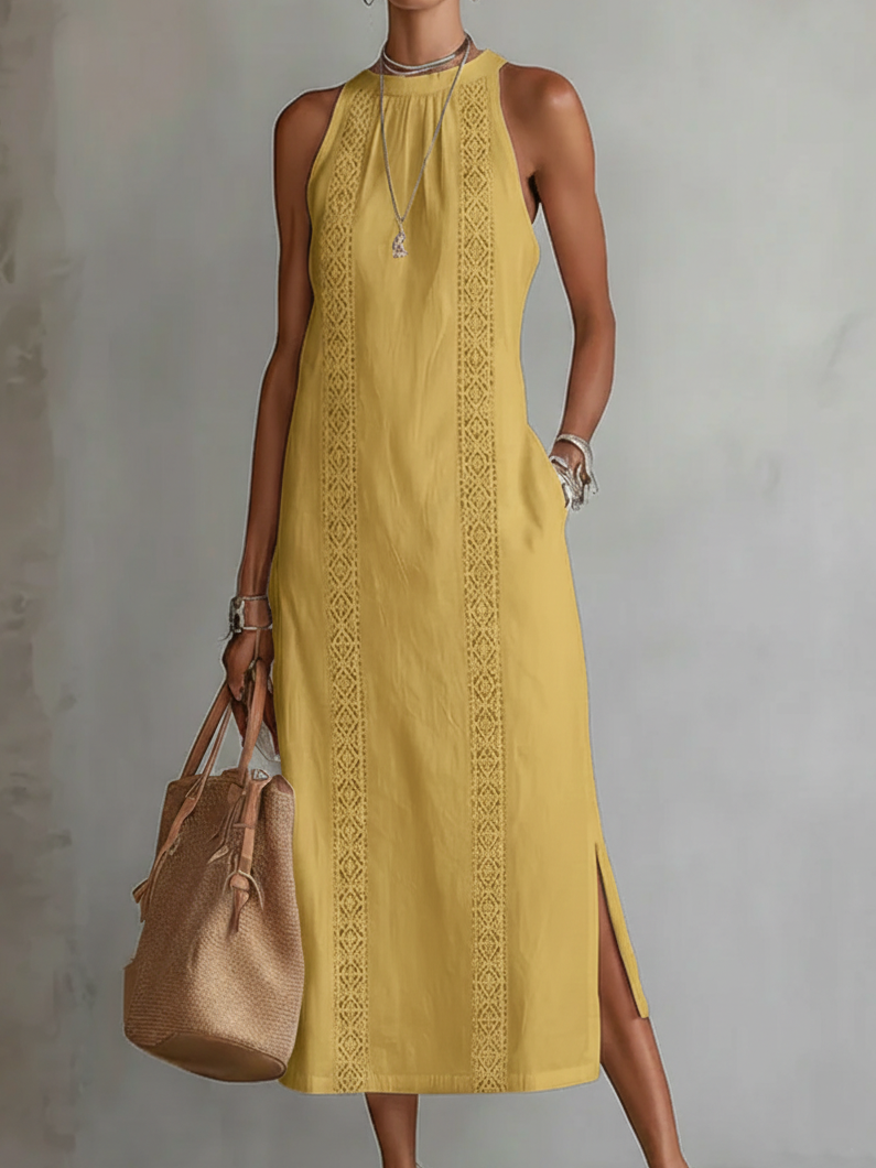 Isabelle's™ | Relaxed Embroidered Mandarin Collar Midi Dress